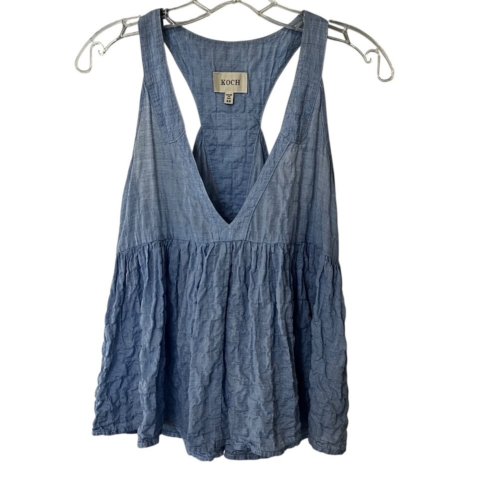 KOCH Blue White Pinstripe Slub Cotton Flounce Babydoll Racerback Tank Top XS